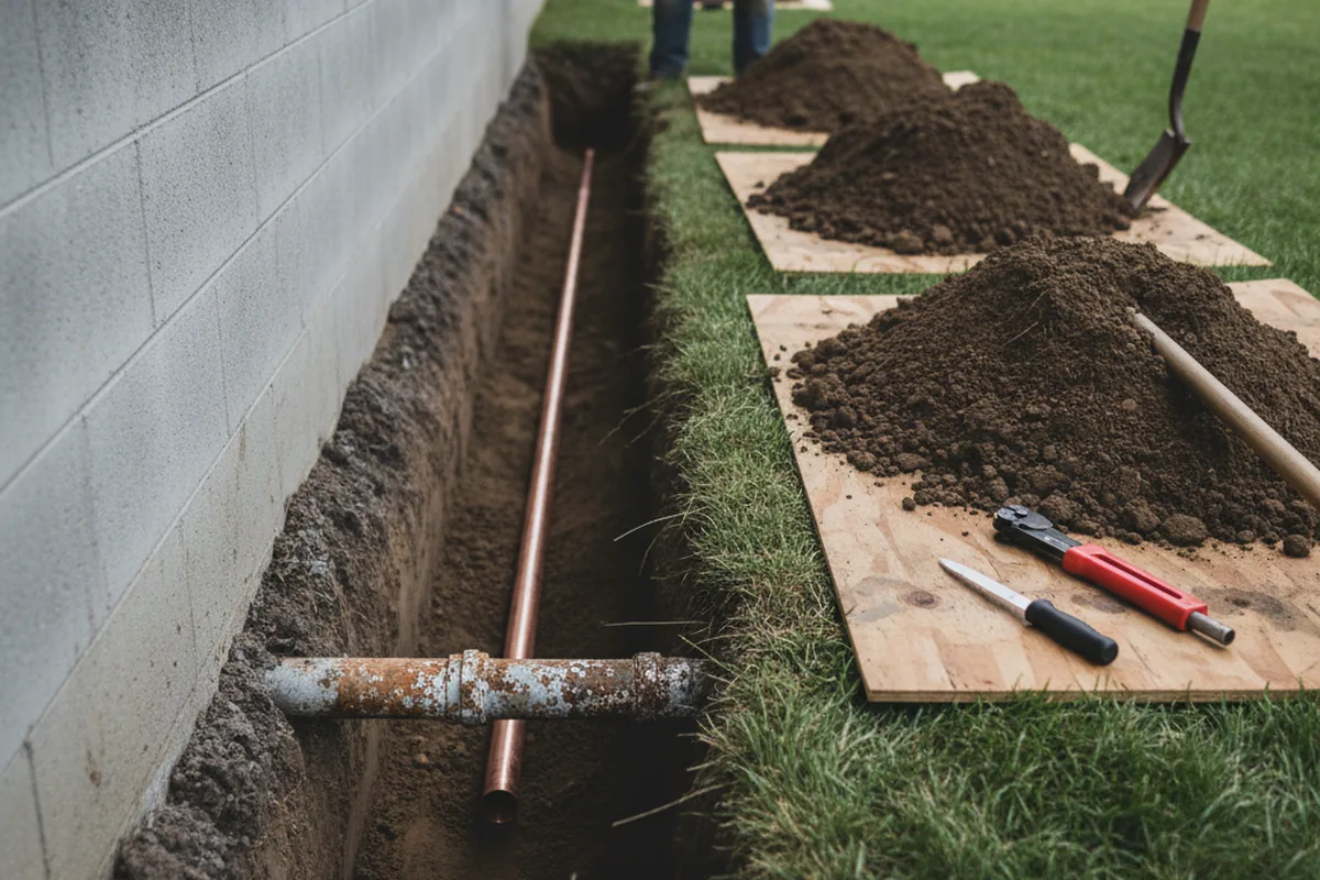 Excavated water line trench during Water Softener Installation in Aspen